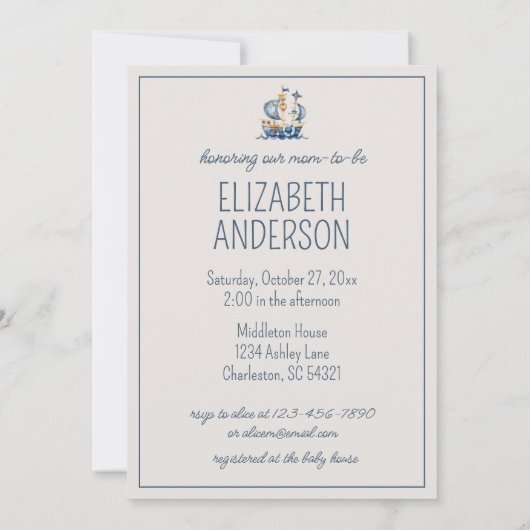 かわいい航海 青い帆船 オーダーメイド 招待状 (裏面)