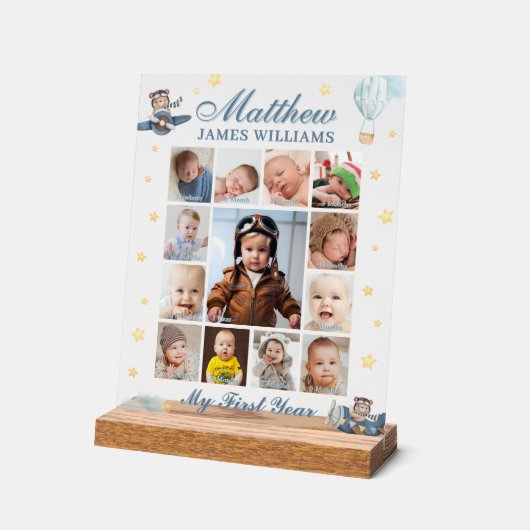 かわいい航空クマ男の赤ちゃん写真集1年 アクリルサイン (傾斜)