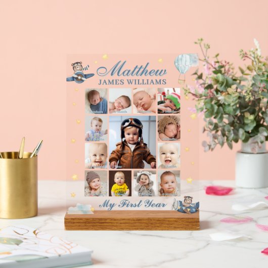 かわいい航空クマ男の赤ちゃん写真集1年 アクリルサイン (ウェディング)