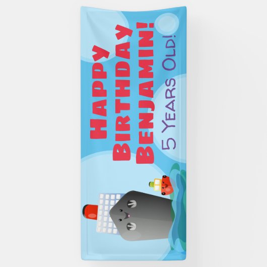 かわいい船のタグボートの漫画の誕生日 横断幕 (縦)