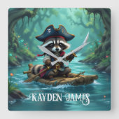 かわいい船長アライグマが川をラフティング スクエア壁時計 (正面)