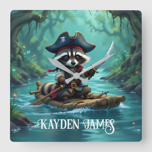 かわいい船長アライグマが川をラフティング スクエア壁時計 (正面)