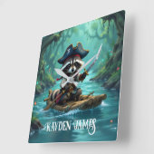 かわいい船長アライグマが川をラフティング スクエア壁時計 (傾斜)