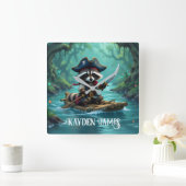 かわいい船長アライグマが川をラフティング スクエア壁時計 (ホーム)