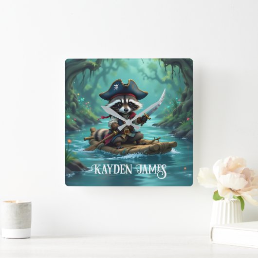 かわいい船長アライグマが川をラフティング スクエア壁時計 (ホーム)