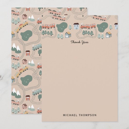 かわいい色とりどりの汽車が線路上を走る子供向けパターン サンキューカード (正面/裏面)