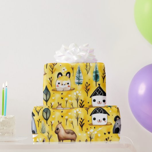 かわいい花が動物を収容ラッピング紙 ラッピングペーパー (パーティーギフト)