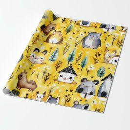 かわいい花が動物を収容ラッピング紙 ラッピングペーパー