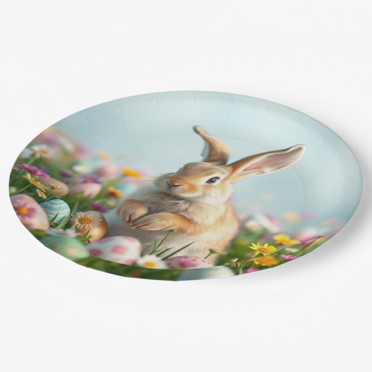 かわいい花とバニーイースターパーティー ペーパープレート (アングル)