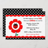 かわいい花とラディバード水玉模様誕生日パーティー 招待状 (正面/裏面)