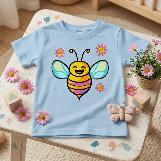 かわいい花と一緒に笑う赤ちゃん蜂 ベビーTシャツ