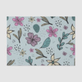 かわいい花と葉のイラストパターン ブルー 薄葉紙 (正面)