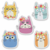 かわいい花と面白い猫の顔 シール (正面)