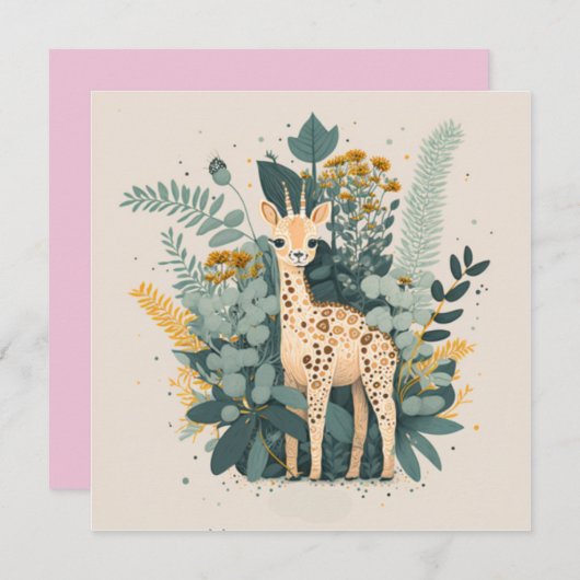 かわいい花のきりんの紙皿 招待状 (正面/裏面)