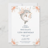 かわいい花のイルカの誕生日パーティー 招待状 (正面)