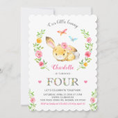 かわいい花のウサギの女の子 4歳 第四回 誕生日パーティー 招待状 (正面)