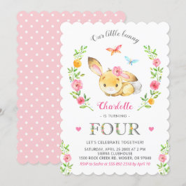 かわいい花のウサギの女の子 4歳 第四回 誕生日パーティー 招待状