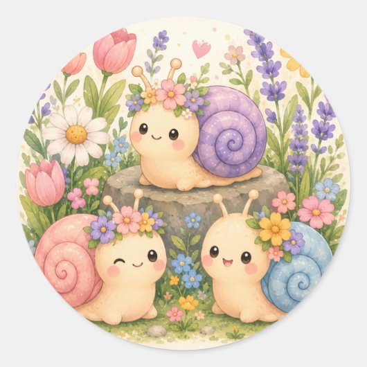 かわいい花のカタツムリ ラウンドシール (正面)
