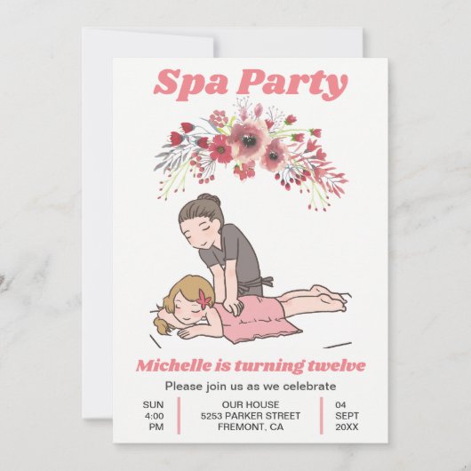 かわいい花のスパの女の子の誕生会 招待状 (正面)