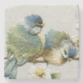 かわいい花のティール（緑がかった色）のミントの緑の刺繍の鳥 ストーンコースター (正面)