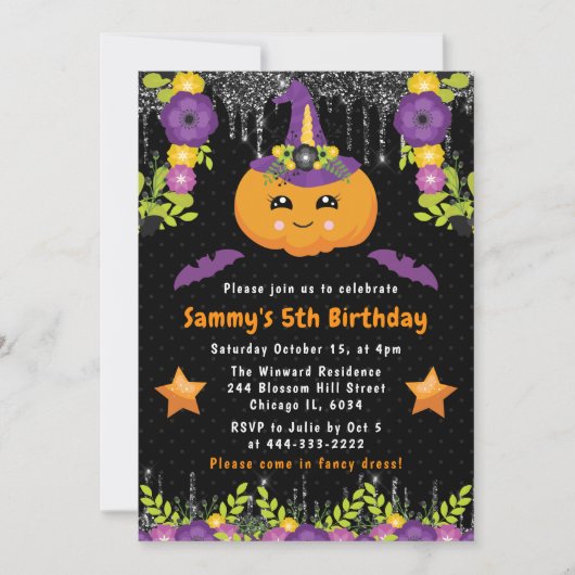 かわいい花のハロウィン パンプキン 誕生日パーティー 招待状 (正面)