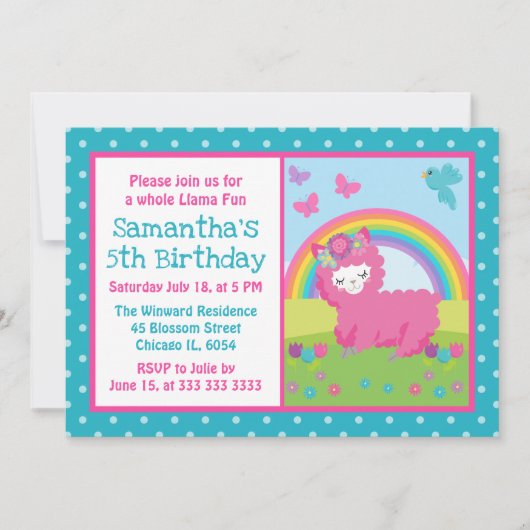 かわいい花のピンクの虹のラマの誕生日 招待状 (正面)