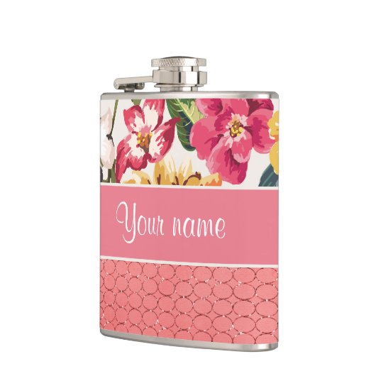 かわいい花のフェイクなピンクのグリッターの円 フラスク (左)