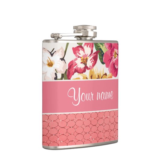 かわいい花のフェイクなピンクのグリッターの円 フラスク (右)