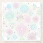 かわいい花のフクロウの背景パターン ガラスコースター (裏面)