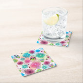 かわいい花のフクロウの背景パターン スクエアペーパーコースター (インサイチュ)