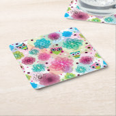 かわいい花のフクロウの背景パターン スクエアペーパーコースター (アングル)