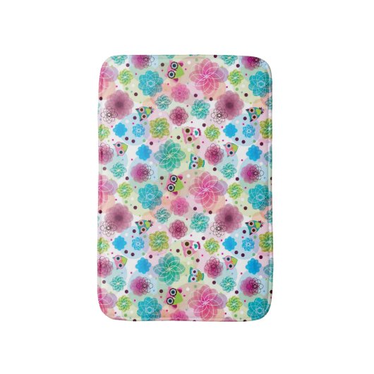 かわいい花のフクロウの背景パターン バスマット (正面縦)