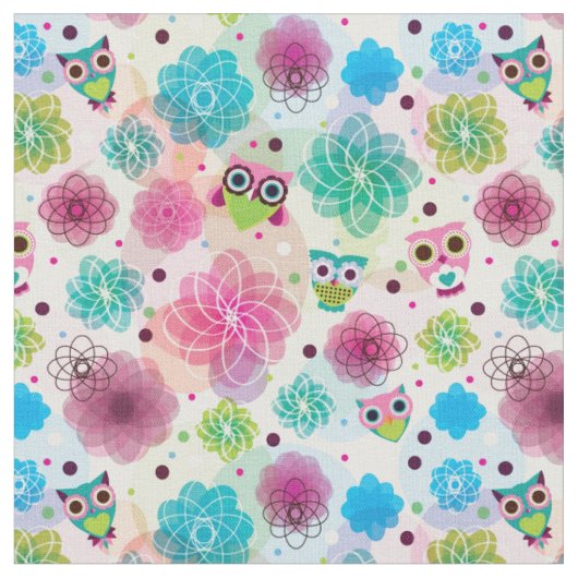 かわいい花のフクロウの背景パターン ファブリック (クローズアップ)