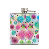 かわいい花のフクロウの背景パターン フラスク (裏面)
