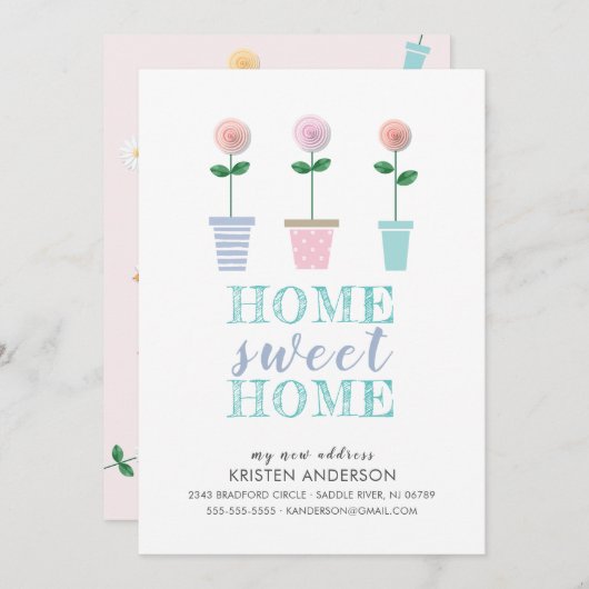 かわいい花のポット新しい住所の引越し告知 案内状 (正面/裏面)