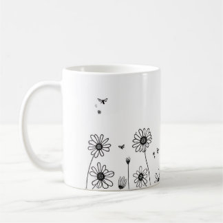 かわいい花のマグカップ – 黒と白の野花デザイン コーヒーマグカップ