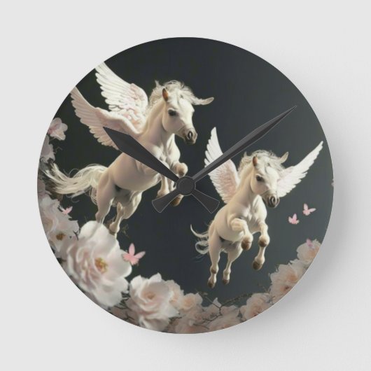 かわいい花のユニコーンが飛ぶ小さなポニー　ラウンドクリ ラウンド壁時計 (正面)