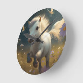 かわいい花のユニコーンが飛ぶ小さなポニー ラウンド壁時計 (傾斜)