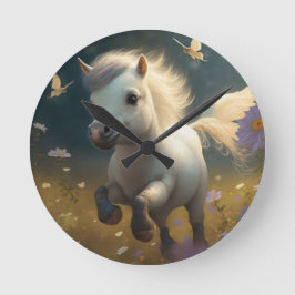 かわいい花のユニコーンが飛ぶ小さなポニー ラウンド壁時計