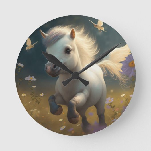 かわいい花のユニコーンが飛ぶ小さなポニー ラウンド壁時計 (正面)