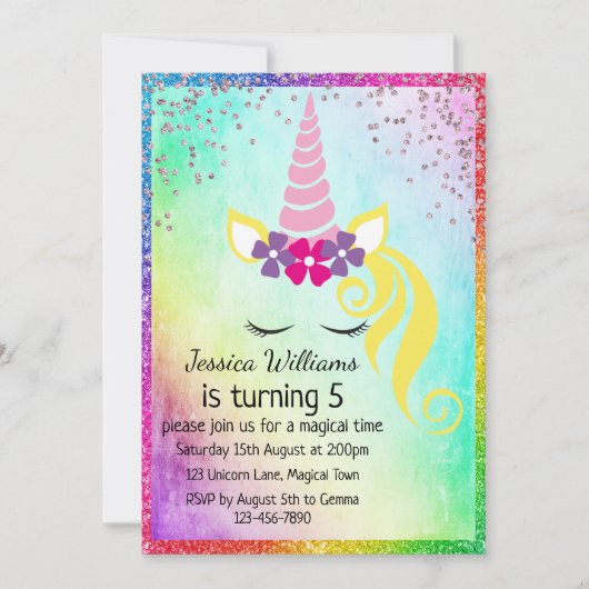 かわいい花のユニコーン、輝く女の子の5歳の誕生日パーティー 招待状 (正面)
