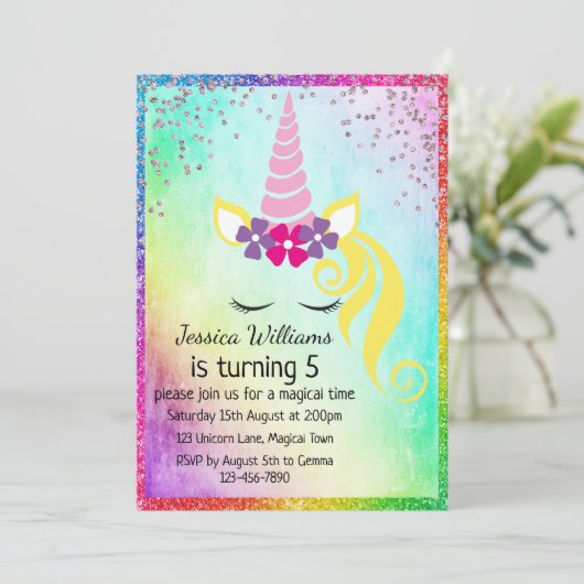 かわいい花のユニコーン、輝く女の子の5歳の誕生日パーティー 招待状 (スタンド正面)