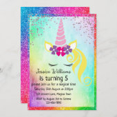 かわいい花のユニコーン、輝く女の子の5歳の誕生日パーティー 招待状 (正面/裏面)