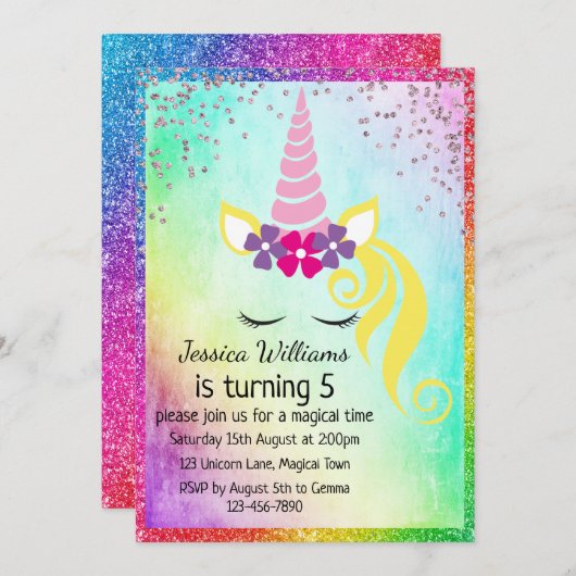 かわいい花のユニコーン、輝く女の子の5歳の誕生日パーティー 招待状 (正面/裏面)