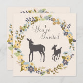 かわいい花のリース 鹿の赤ちゃん歓迎会招待状 招待状 (正面/裏面)
