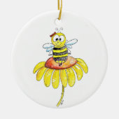 かわいい花の上のファンシーな蜂 セラミックオーナメント (正面)
