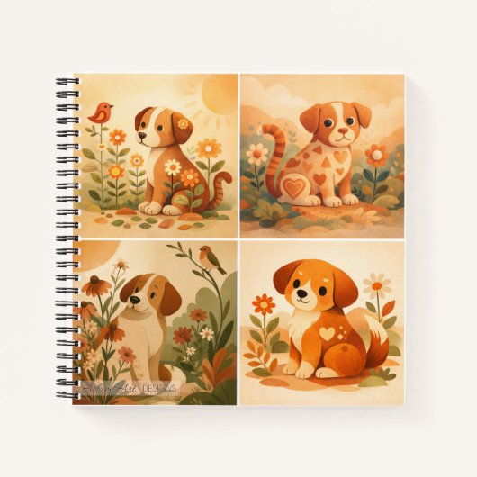 かわいい花の子犬の庭のイラスト ノートブック (正面)
