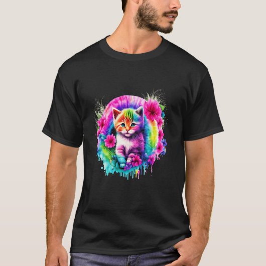 かわいい花の子猫とダイジー子猫のカラフルな面白いデザイン Tシャツ (正面)