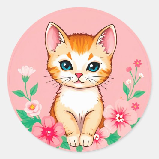 かわいい花の子猫 ラウンドシール (正面)