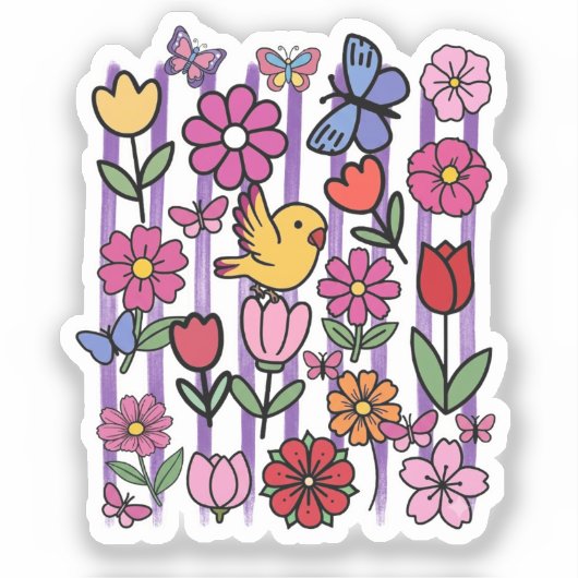 かわいい花の庭の落書きステッカー 鳥 ちょうちょ シール (正面)